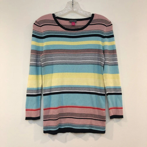 🍁Vince Camuto Colorful Striped Scoop Neck Tee L - Picture 1 of 4